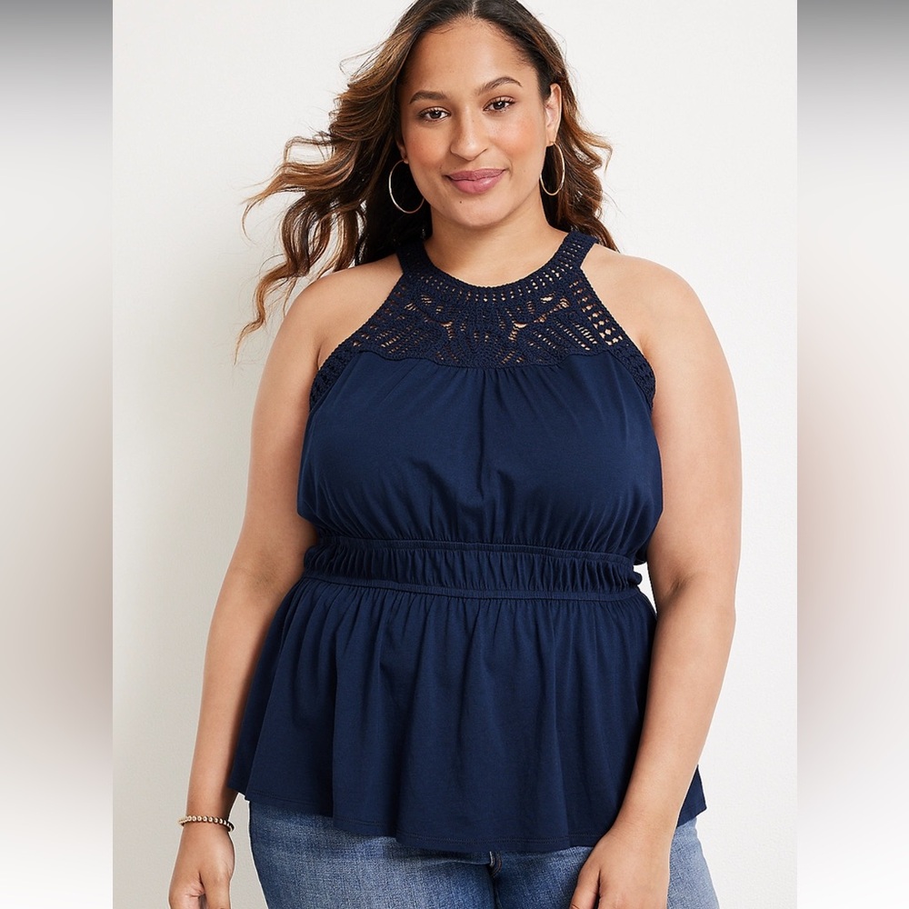 NTW Plus Size Crochet High Neck Peplum Tank